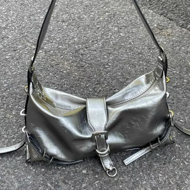 

MBTI Cool Y2k Womens Shoulder Bag Silver Simple Original Casual New Pu Leather Handbags Fashion Brand Female Luxury Underarm Bag