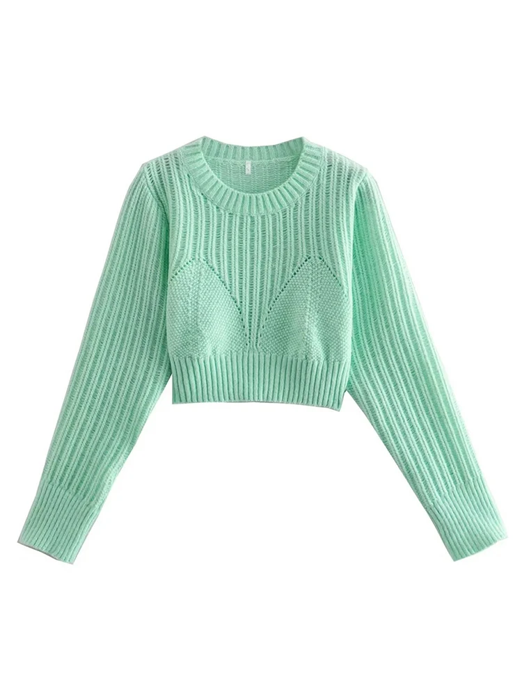 

Merodi Ladies Fashion Hollow Out Spring Autumn High Waist Sweaters Girls O-Neck Long Sleeve Knitted Pullover Womens Short Tops