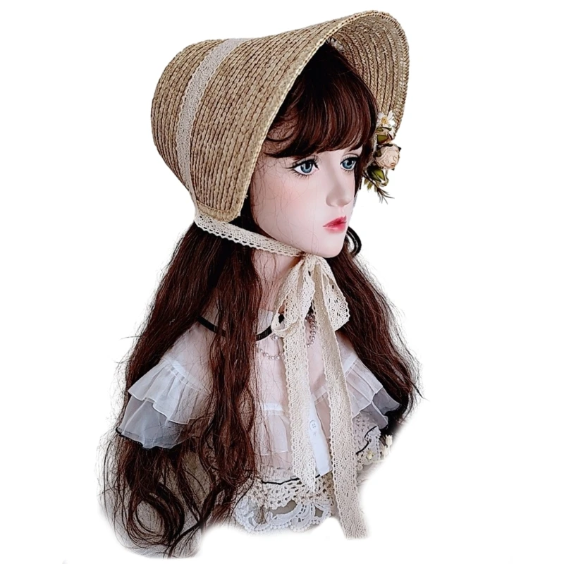 

Frenchstyle Laceup Hat Bonnet Sun Straw Cap Teens Girl Vintage Summer Headwear