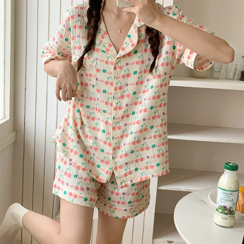 Cereja Imprimir Shorts de Manga Curta Verão Coreano Sweet Home Pijama