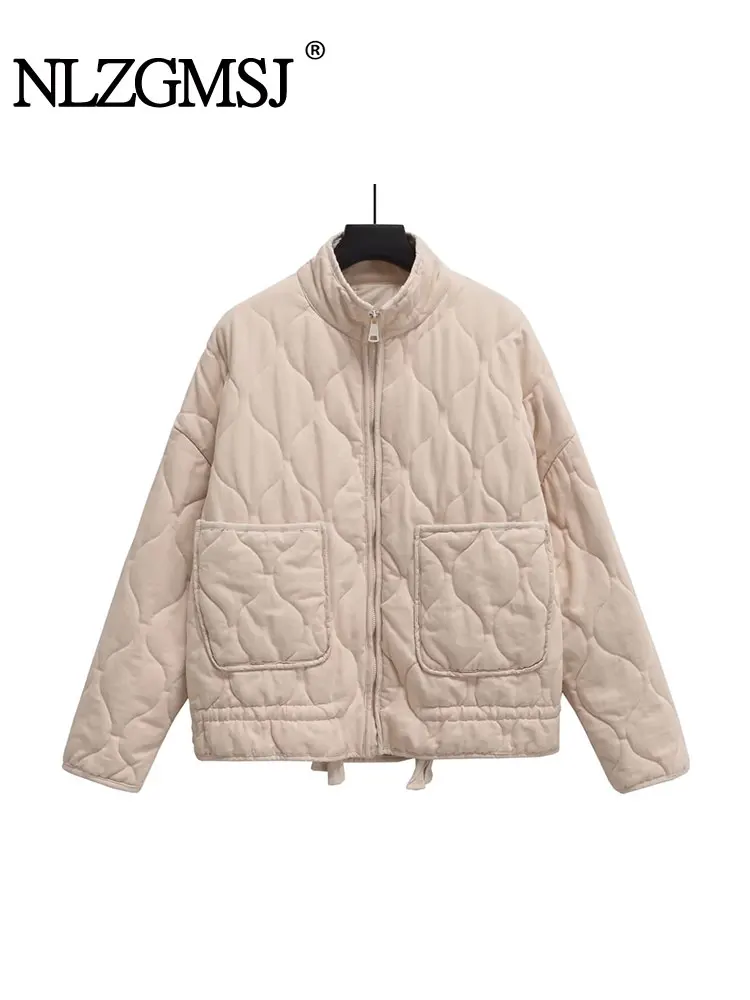 

Nlzgmsj TRAF Vintage Bomber Cotton Jacket For Woman Solid Zipper Pocket Warm Parka Outwear 2023 Long Sleeve Coats Outfits