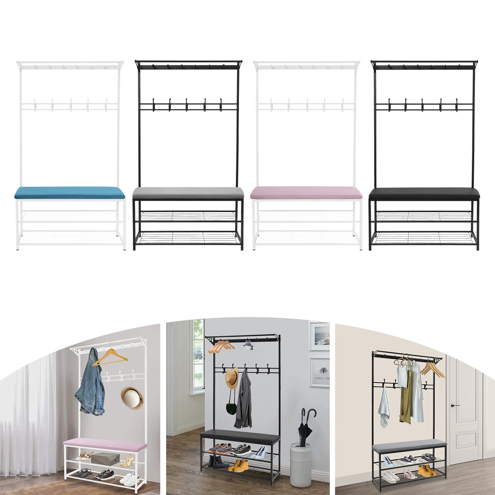 100cm Garderobenbank mit Stauraum, 6 Haken, Schuhregal, offenes Regal-Design, multifunktional für kleine Flure und Apartments – Detail 12