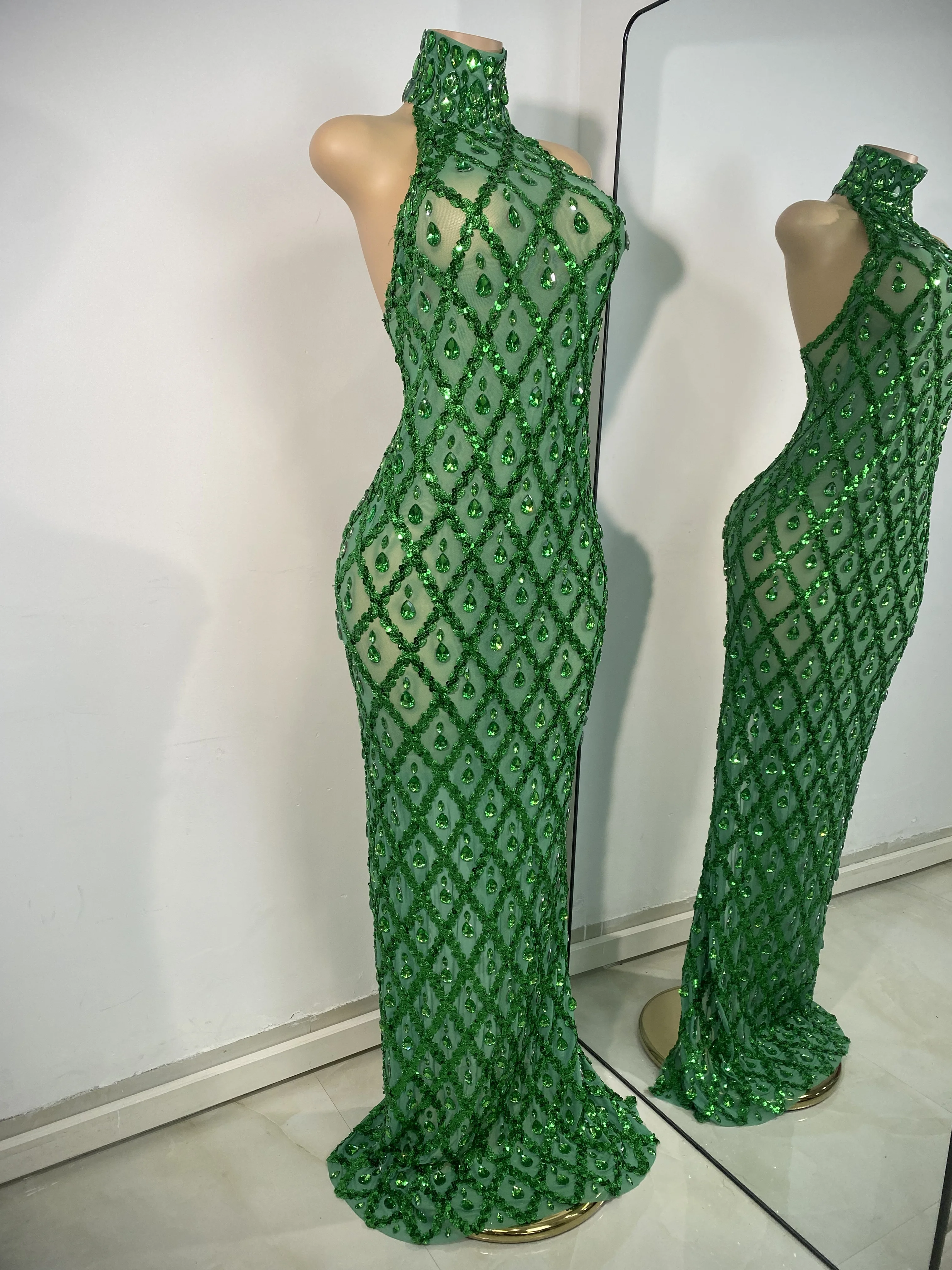 Sparkly Green Rhinestones Sleeveless Mesh New In Dress Luxury Evening  Birthday Prom Gown Singer Performance Costume Stage Wear - AliExpress  200000345