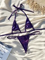 Metallic Purple Bikini Hollow Out Extreme String Tanga Swimsuit Triangle Swimwears Shiny Beach Summer Outfit Halter Bathing Suit