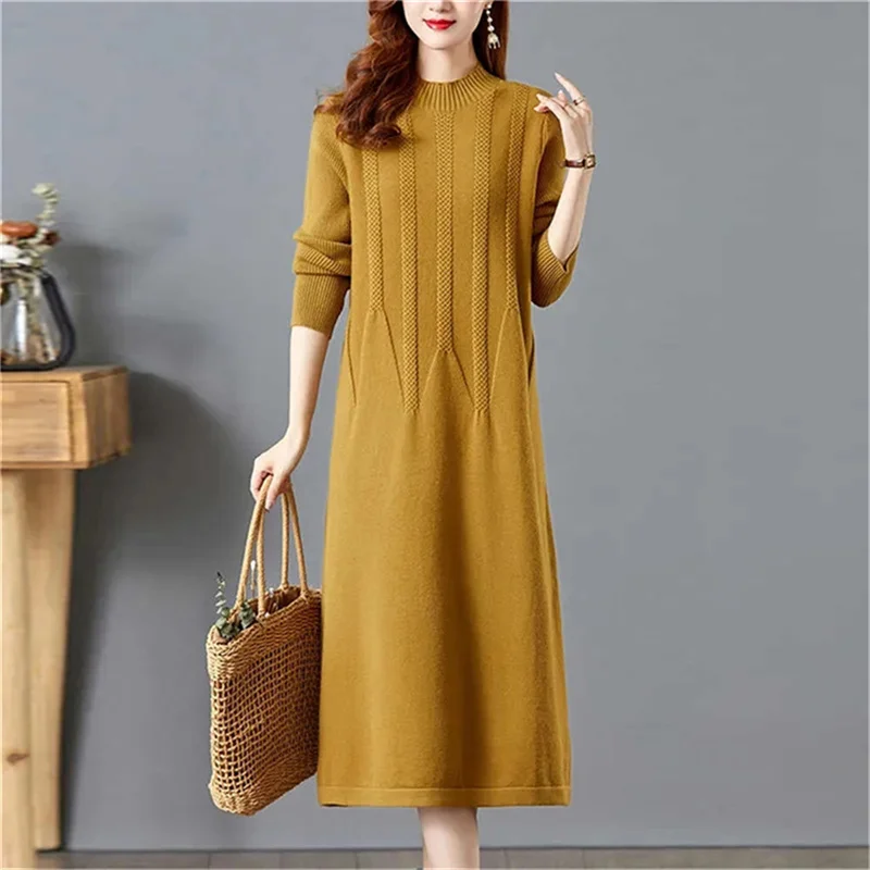 

Mother Autumn Winter New Wool Dress Temperament Relaxed High end Wool Dress Women's Mid length Over Knee pullover Sweater Vintag