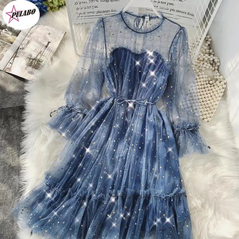 

PULABO Women Stars Sequined Mesh Shiny Fairy Women Elegant Bling Gauze Princess Puff Actual Photo Of Long Female robe Dress