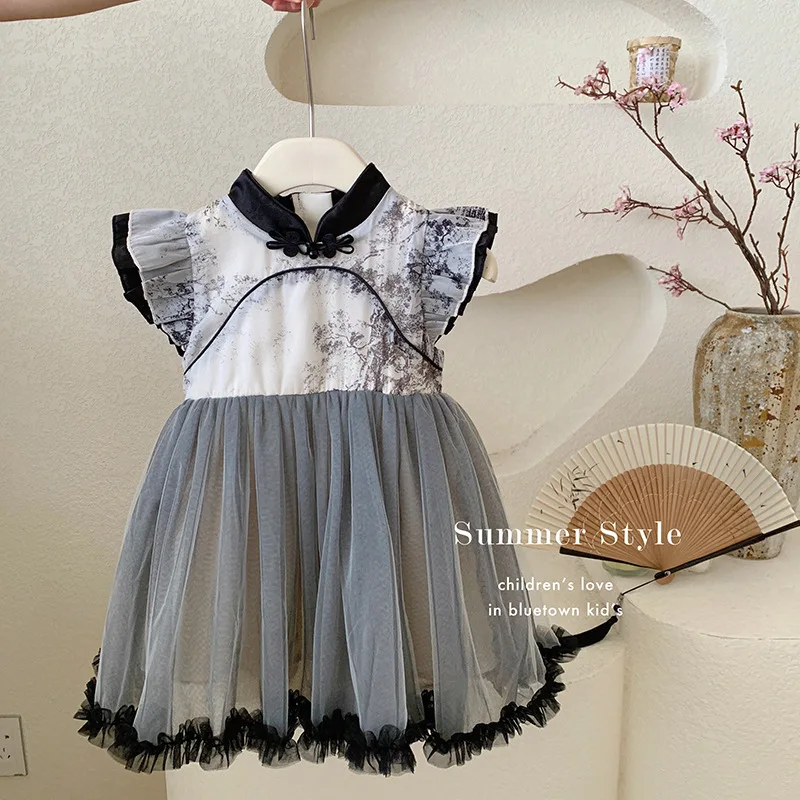 

Girl's Western Style Summer Thin New Chinese Cheongsam Dress Baby Girl2024New Mesh Skirt Summer Fashion