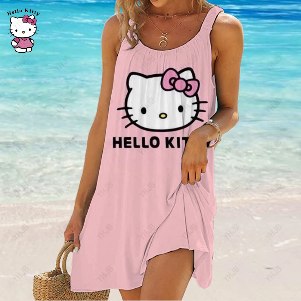 

9 Styles Women Beach Dresses Hello Kitty Print Sundress Sleeveless Casual Loose Tank Dress Платье Женское In Stock