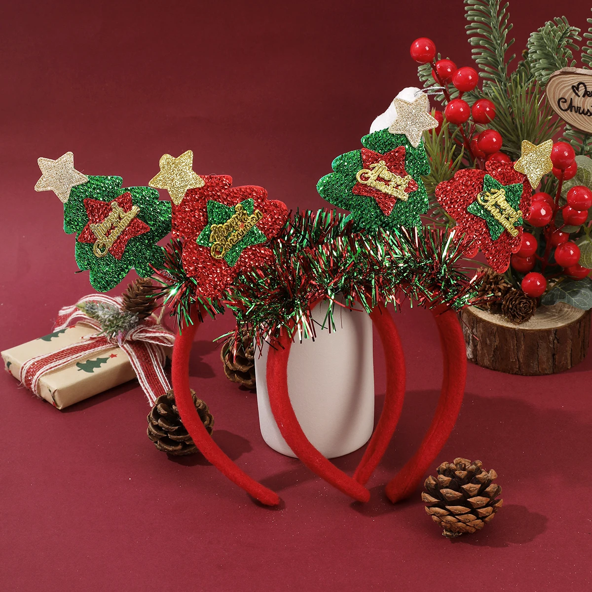 1pc Christmas Headband Antler Deer Branch Xmas Tree Hair Hoop Hairband Headwear Family Christmas Decoration New Year Party Gift