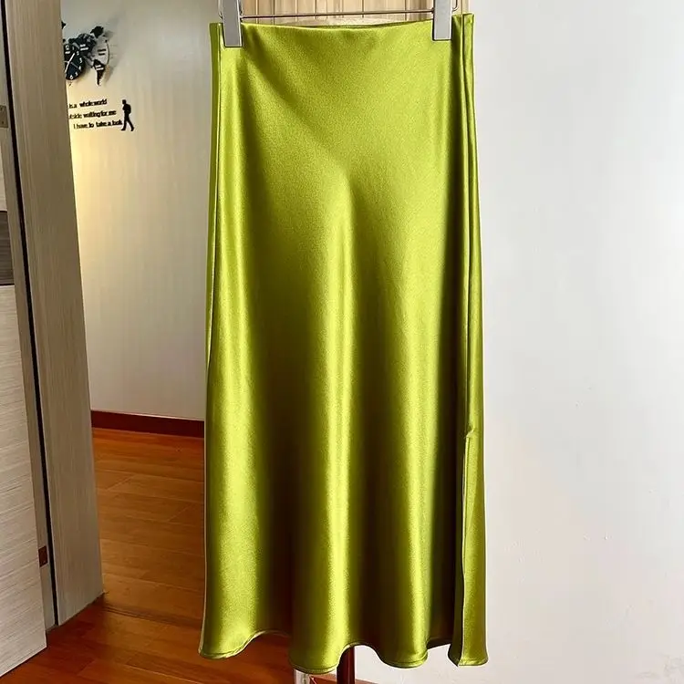 2024 spring Luxury Satin Midi Long Women's Skirt Elastic Waist Solid Color Split Skirt Casual Elegant Women Party A-Line Skirts 5