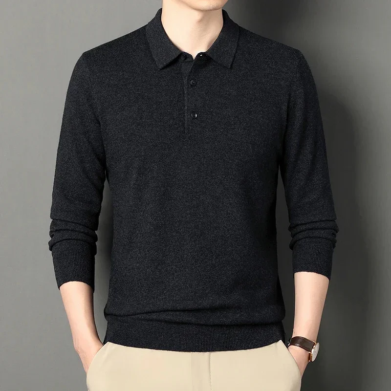 thumbnail image 1 of Suéter de punto de lana pura de nueva moda para hombres | Camisa polo con solapa Suéter de golf clásico de color sólido, 1 of 5