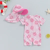 Baby Girl Rash Guard Swimsuit Short Sleeve Scallop Shell Print Bathing Suit Infant Swimwear with Sun Hat 2 Pieces Set 2