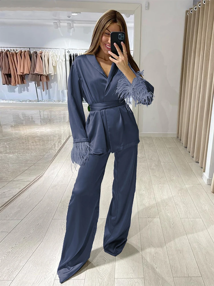 Summer Home Casual Pants Suit 2 Piece Set Loose Robes for Sleeping Women  Satin Feathers Black Robe Top and Pants Two Piece Set - AliExpress