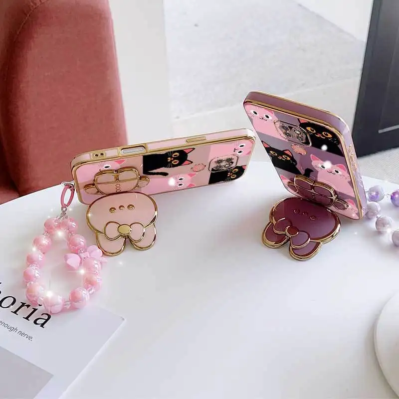 Elegant Pink Heart Shape Phone Case Set with Lanyard and Rabbit Stand
