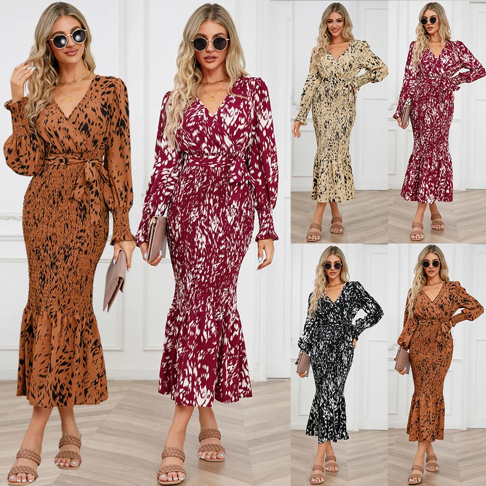 

Europe and the United States women's slim-fit temperament V-neck belt printed skirt long fishtail dress