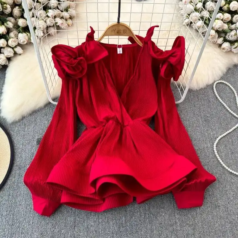 BabYoung 2025 ربيع جديد بلوزات مطوي على شكل حرف v...