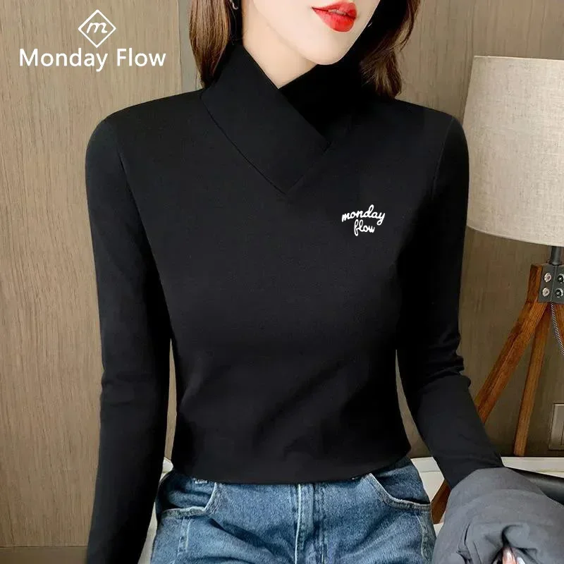 Mondayflow Spring Tennis Women's Long Sleeve T-shirt Plush Warm Elastic Bottom Shirts Half High Neck Fashion Golf Sports T-shirt
