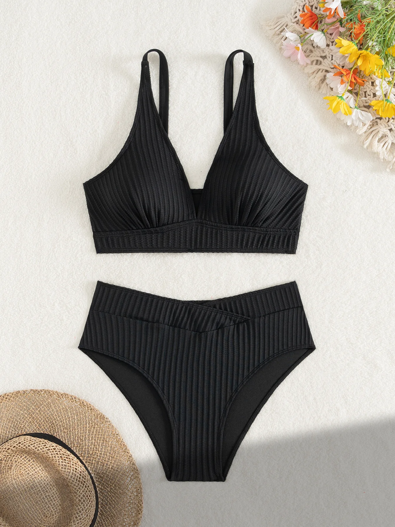 Sexy High Waist Bikini Set 2025 Women V Neck Ribbed Push Up Two Piece Swimsuit Summer Bathing Suit Holiday Swimwear Biquini