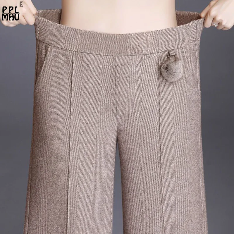 가을 겨울 정장 모직 넓은 다리 바지 여성 높은 허리 빅 사이즈 4xl 사무실 발목 길이 Pantalones 헐렁한 양모 혼합 바지
