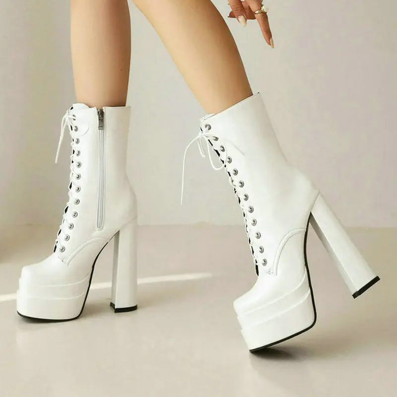 

2022 PU Leather Women Ankle Boots Platform Thick High Heel Ladies Short Boots Short Plush Winter Sexy Square Toe Women's Shoes