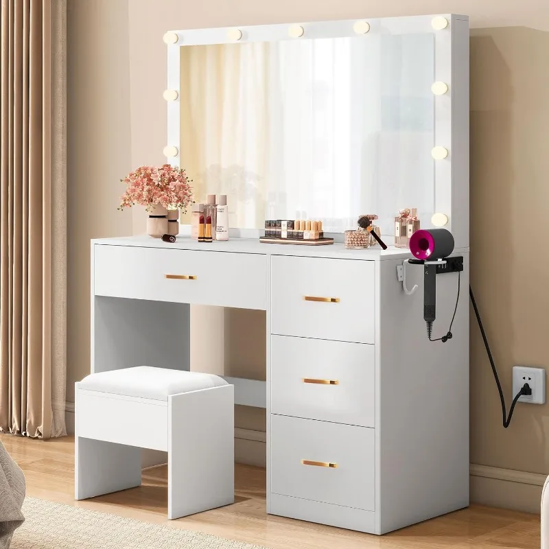 

DWVO Makeup Vanity with Large Lighted Mirror, Vanity with Power Outlet, 3 Color Lighting Modes, Adjustable Brightness, 4 Drawers
