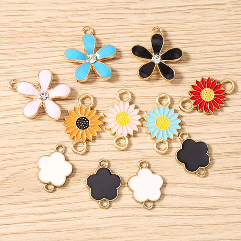 10 Stück niedliche, bunte Emaille-Blumen-Anhänger-Verbinder für die Schmuckherstellung, Halsketten, Armbänder, DIY, handgefertigtes Kunsthandwerk, Zubehör