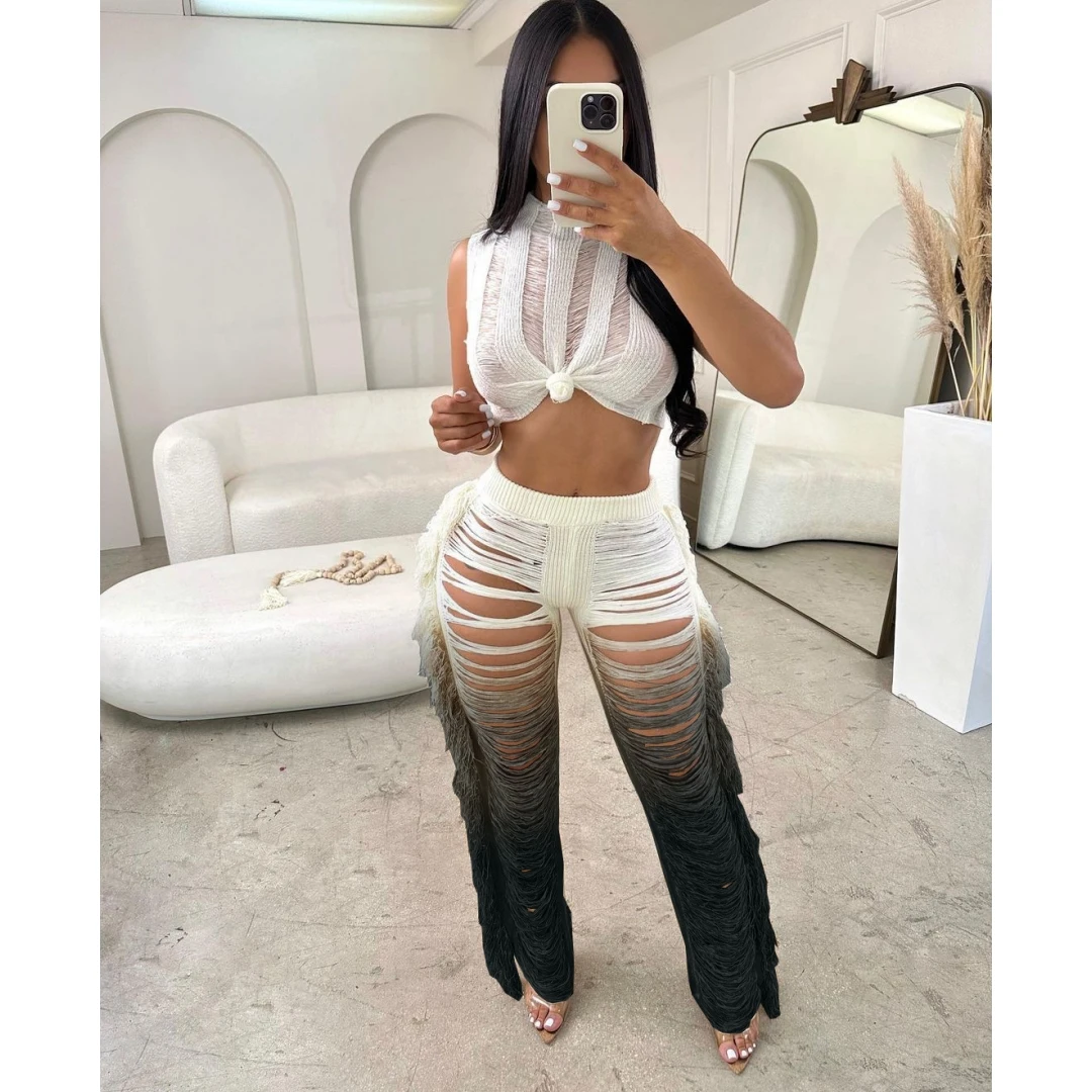

Tie Dye Tassel Knit Two Piece Sets Women Crochet Beach Wear Cover-ups Swimwear Summer Sleeveless Crop Tops Pants Matching Suit