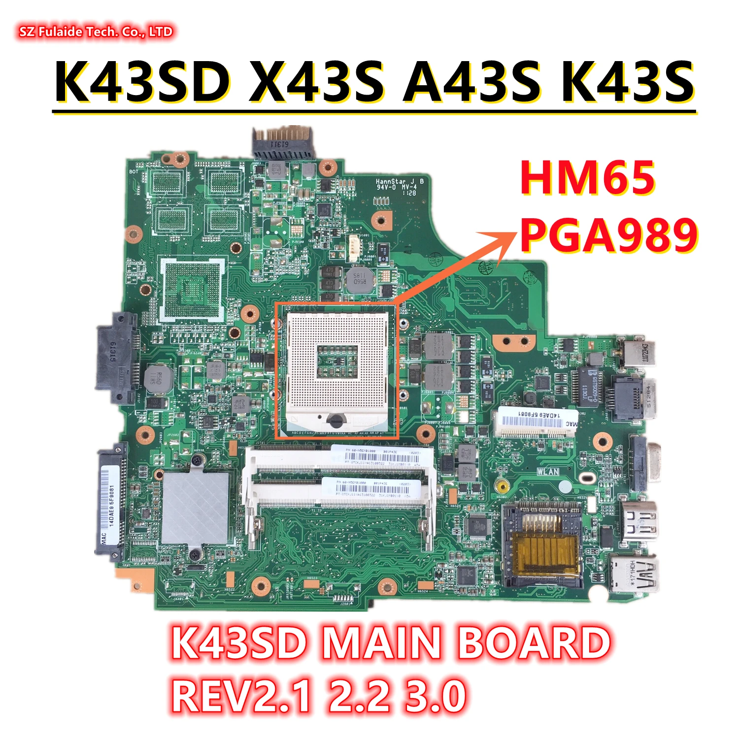 Laptop Motherboard para Asus K43sd Placa Principal Rev2.1 2.2 3.0 K43e A43e P43e Hm65 Pga989 100 Trabalho