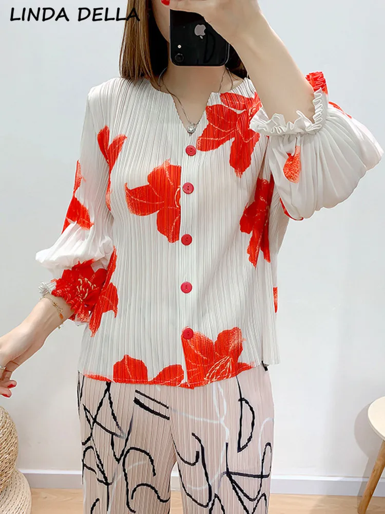 

LINDA DELLA Summer Fashion Runway Vintage Floral Print Shirt Coat Women V-neck Long Sleeve Single Breasted Pleated Straight Coat