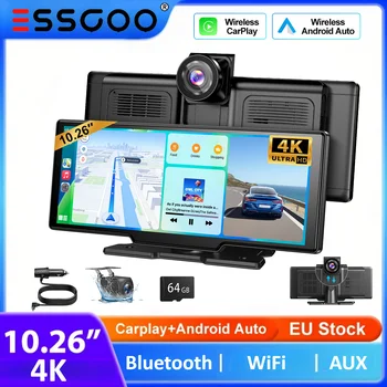 ESSGOO Pantalla Inalámbrica Carplay de 10.26 Pulgadas, Cámara para Auto 4K, DVR para Auto, Android Auto, Grabador de Video de Doble Lente, Wifi, FM, AUX, Bluetooth, Tipo C, TF 1