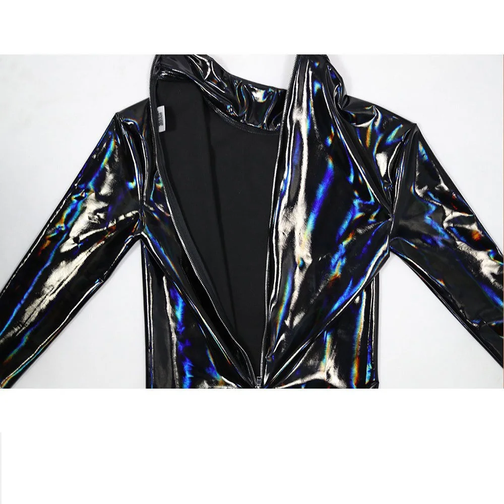 Cosplay Men Maid Jumpsuit PU Leather Shiny PVC Catsuit Laser Wet Look High Elastic Full Body Bodysuit