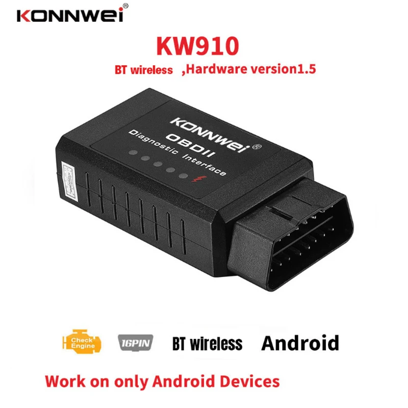 

KONNWEI KW910 Super Mini ELM327 Bluetooth 3.0 Hardware V1.5 OBD2/EOBD Car Scanner Diagnostic Tools Supports All OBDII Protocols