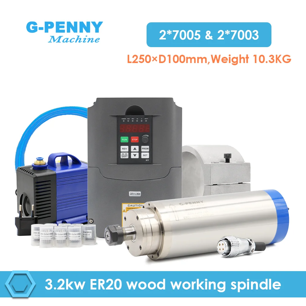 G‑PENNY 3,2 kW ER20 wassergekühlter Spindelmotor-Kit 100 mm 4 Lager 0,01 mm HY 220 V 4,0 kW VFD-Halterung Wasserpumpe für CNC-Fräse