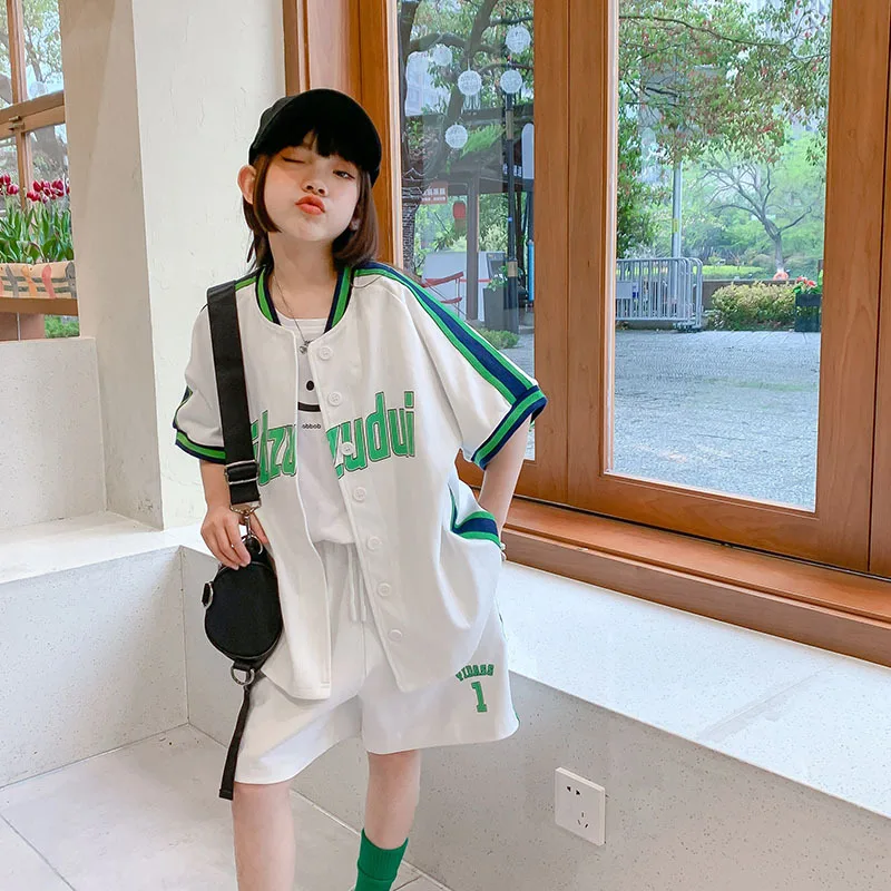 

2023 Summer Girls Baseball Uniform Set Kids Short Sleeved Jacket Pants 2-Piece Set Teenage Clothing Student Casual Sports Suit