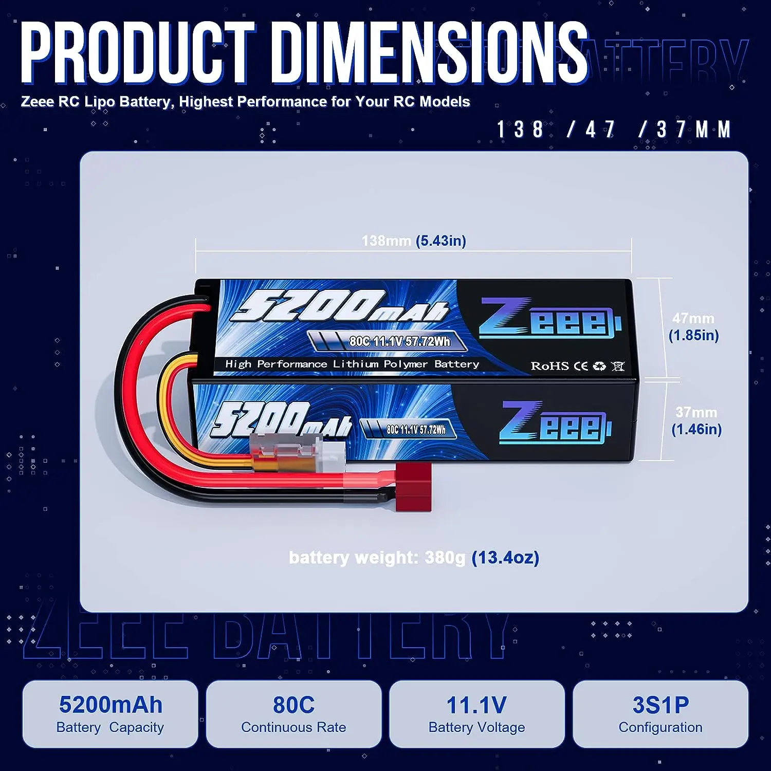 1/2pcs Zeee 3S 5200mAh Lipo Battery 11.1V 80C with T/XT60/EC3/5 Plug Hardcase for RC Car Buggy Truck FPV Drone RC Model Parts 2
