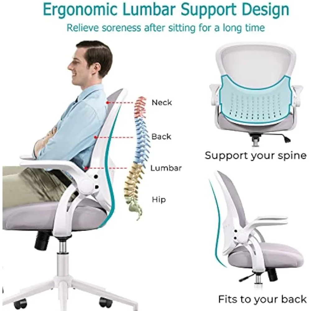 Home Office Chair Mesh Desk Chair Computer Chair with Lumbar Support Flip  Up Arms Ergonomic Chair Adjustable Swivel Rolling Executive Mid Back Task