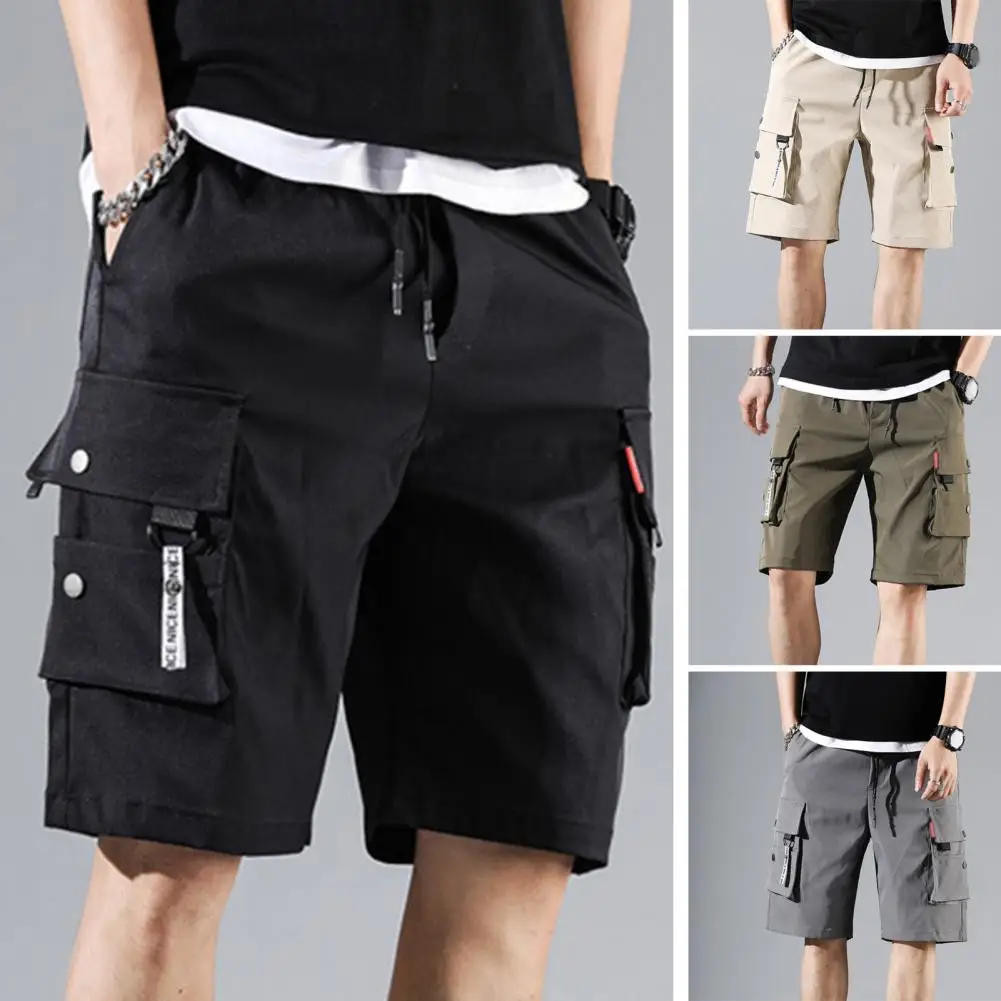 

Summer Drawstring Shorts Men's Summer Elastic Waistband Drawstring Cargo Shorts with Multiple Pockets Solid Color Straight Wide