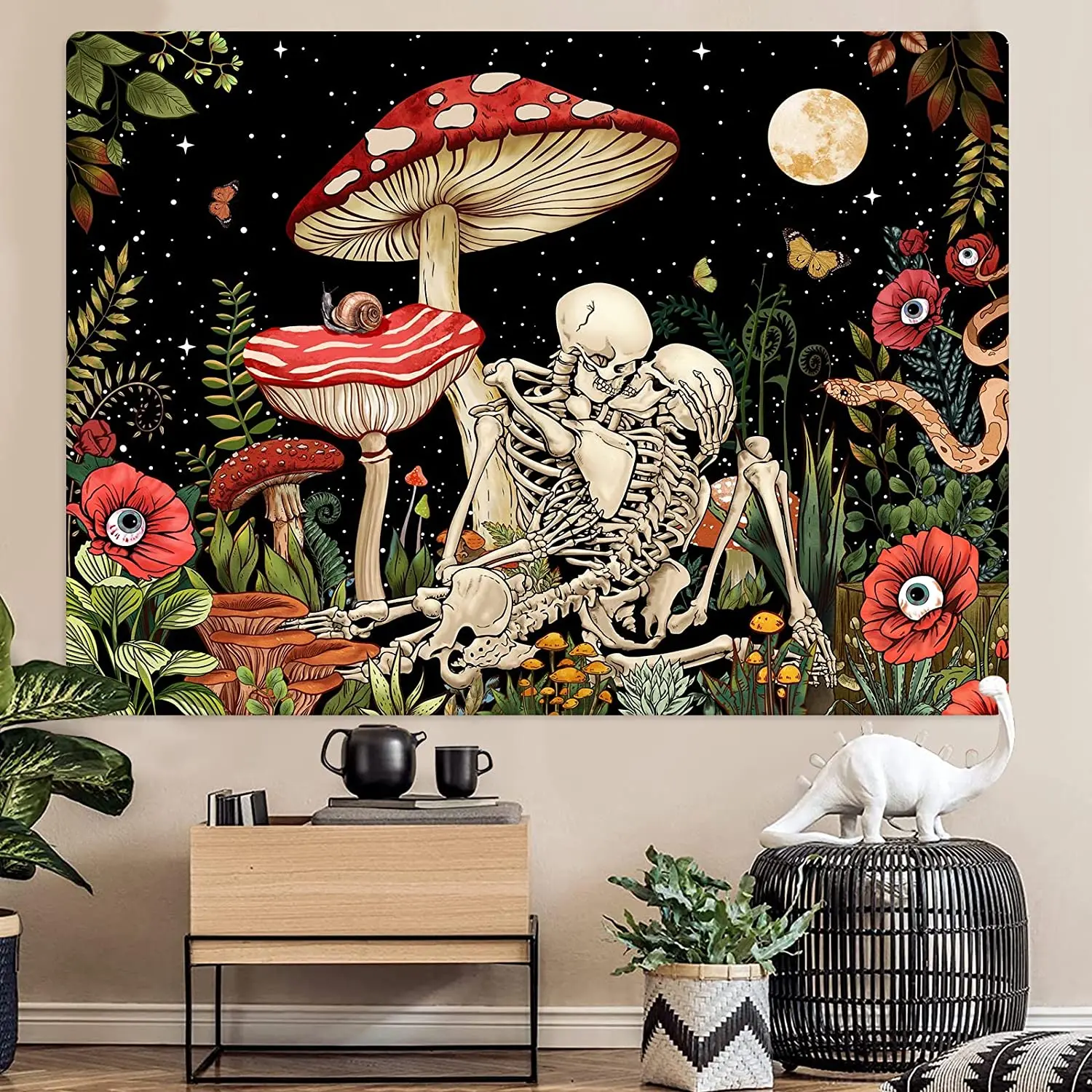 Mushroom Skull Tapestry Wall Hanging Skeleton Floral Tapestries Aesthetic Room Decor Trippy Plant Nature Art Bedroom Decoration tapestry decor