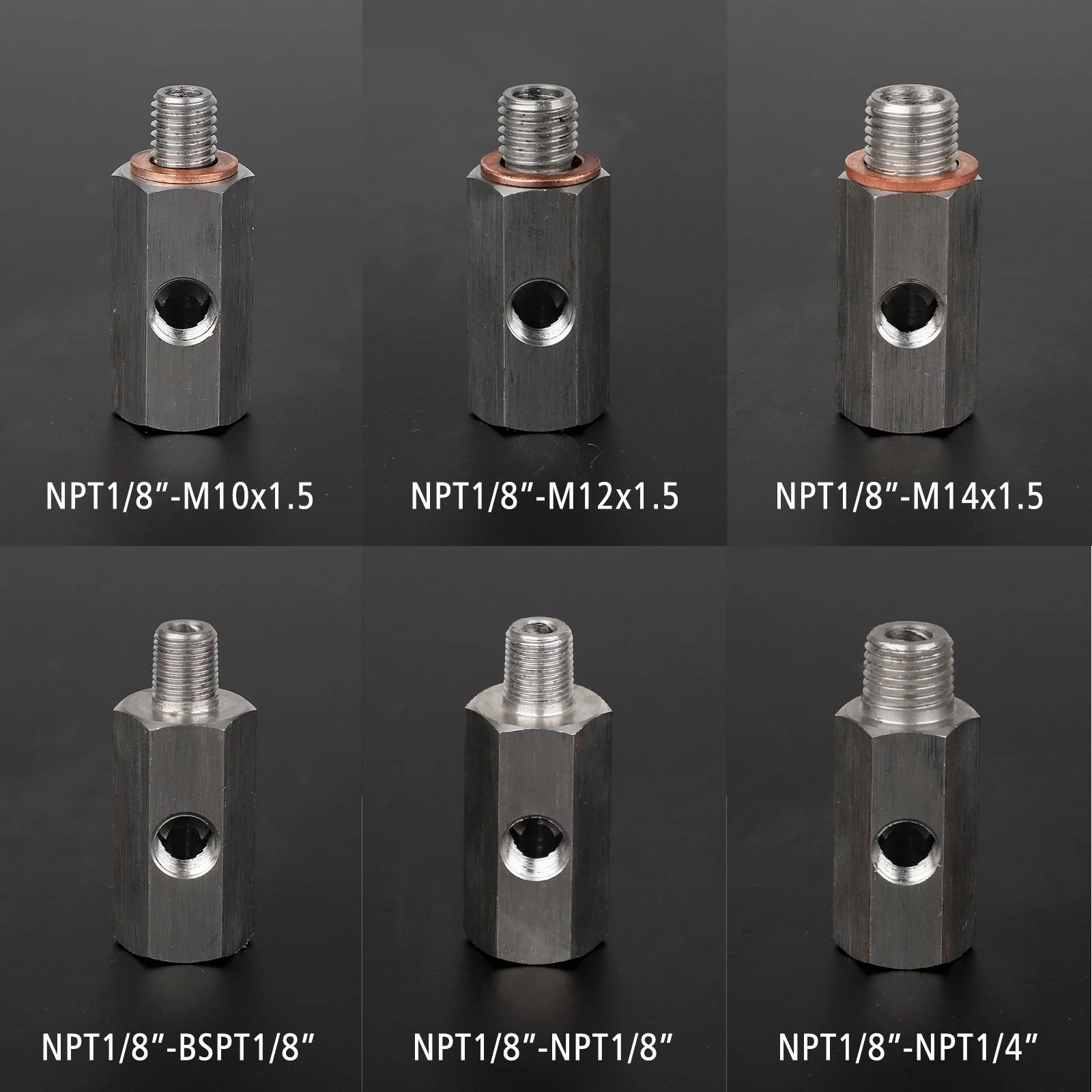 CNSPEED Stainless Steel Side Holes Oil Pressure Sensor Connector 1/8"NPT Female To M12 M10 M14 Feed Line Gauge Tee Adapter 5