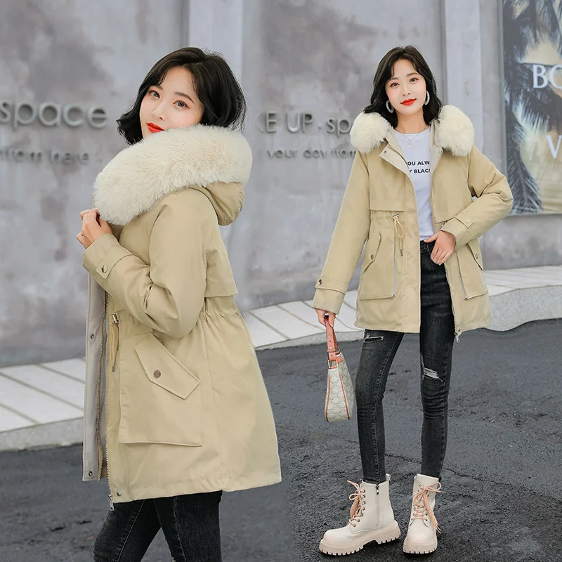 Oversized Fake Fur Hooded Parkas Women Korean Fashion Letter Print Down Cotton Padded Coat Snow Wear Thick Puffer Winter Jacket