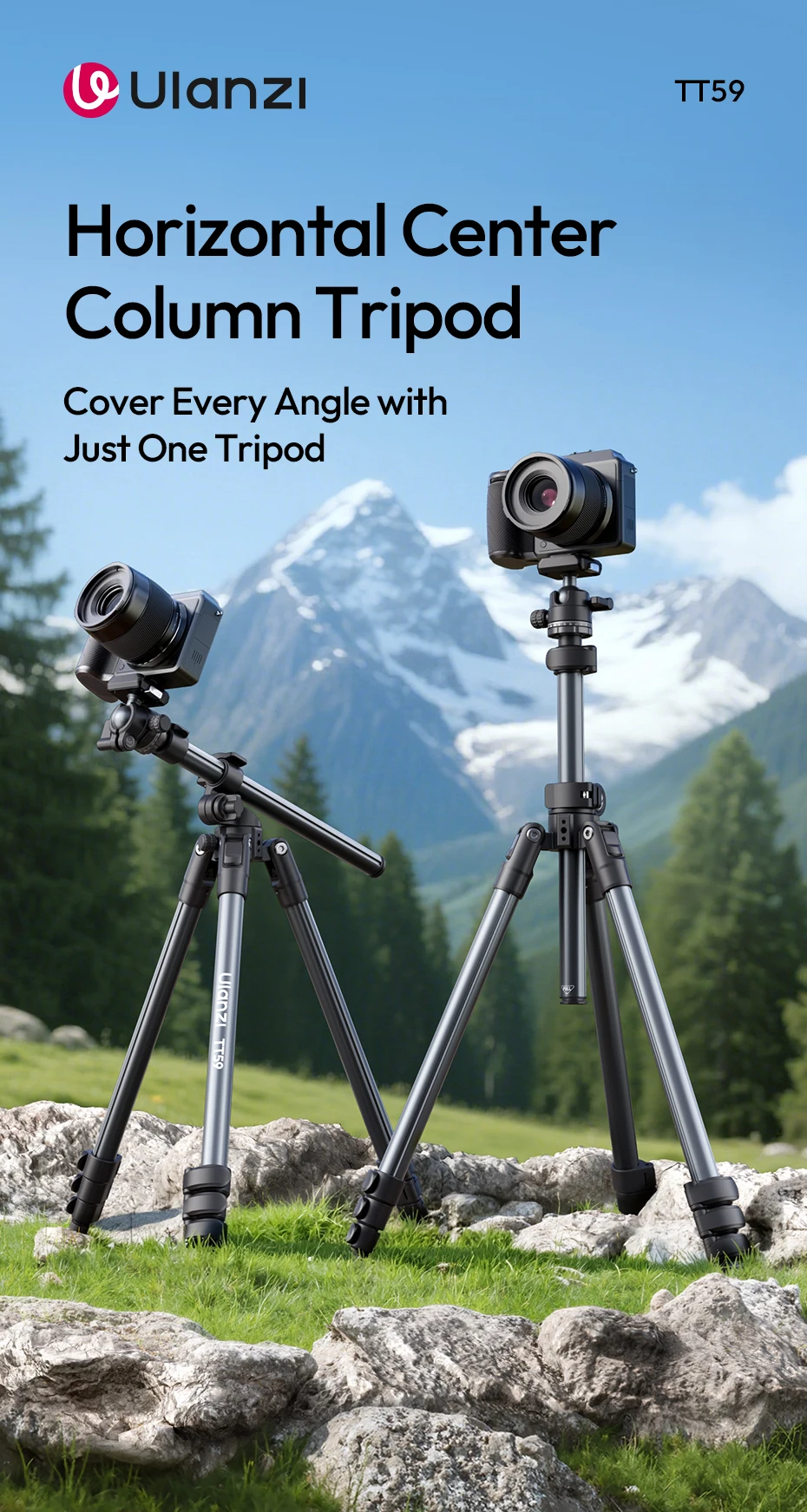 TT59 Horizontal Center Column Tripod 0.1-1.75M for DSLR Camera Video Light for O