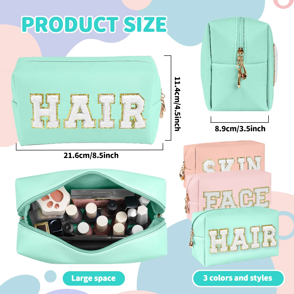 Chenille Letter Cosmetic Bag PU Leather Waterproof Pouch Cute Zipper Organizer, Skin, Hair and Face.-zmt 3
