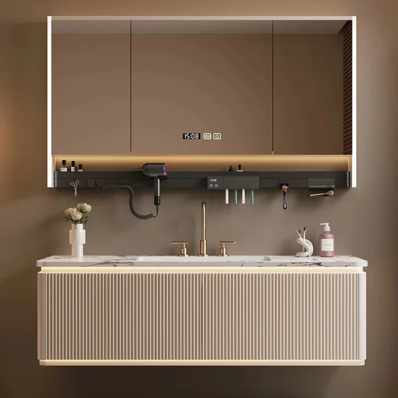 ตู้ห้องน้ำติดผนังหินอ่อนพร้อมกระจกไฟ LED ตู้อัจฉริยะไม้โอ๊ค 1