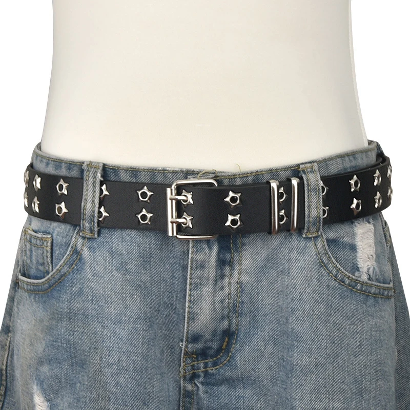 

Star Eye Rivet Belt Double Star Hollow Out PU Leather Jeans Decor Waistband Goth Style Double Pin Buckle Belt Y2k Accessories