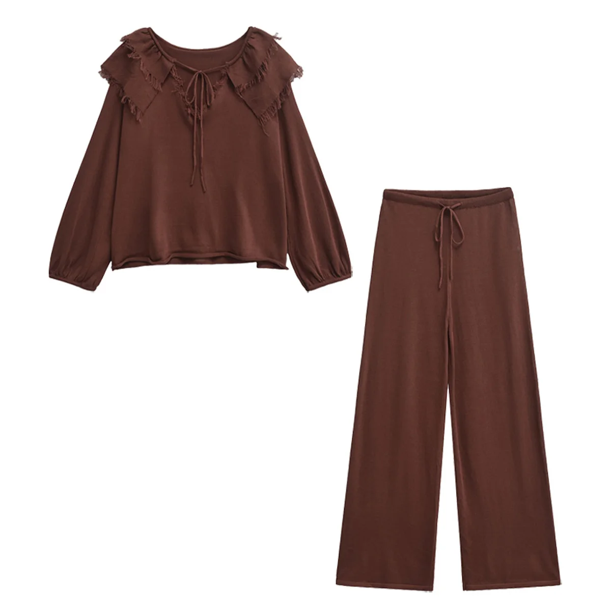 thumbnail image 1 of HH TRAF Otoño Mujer Conjunto de punto de 2 piezas Moda Sólido Cuello redondo Lazo Cordón Top + Cordón Cintura elástica Pantalones largos casuales Mujer, 1 of 5
