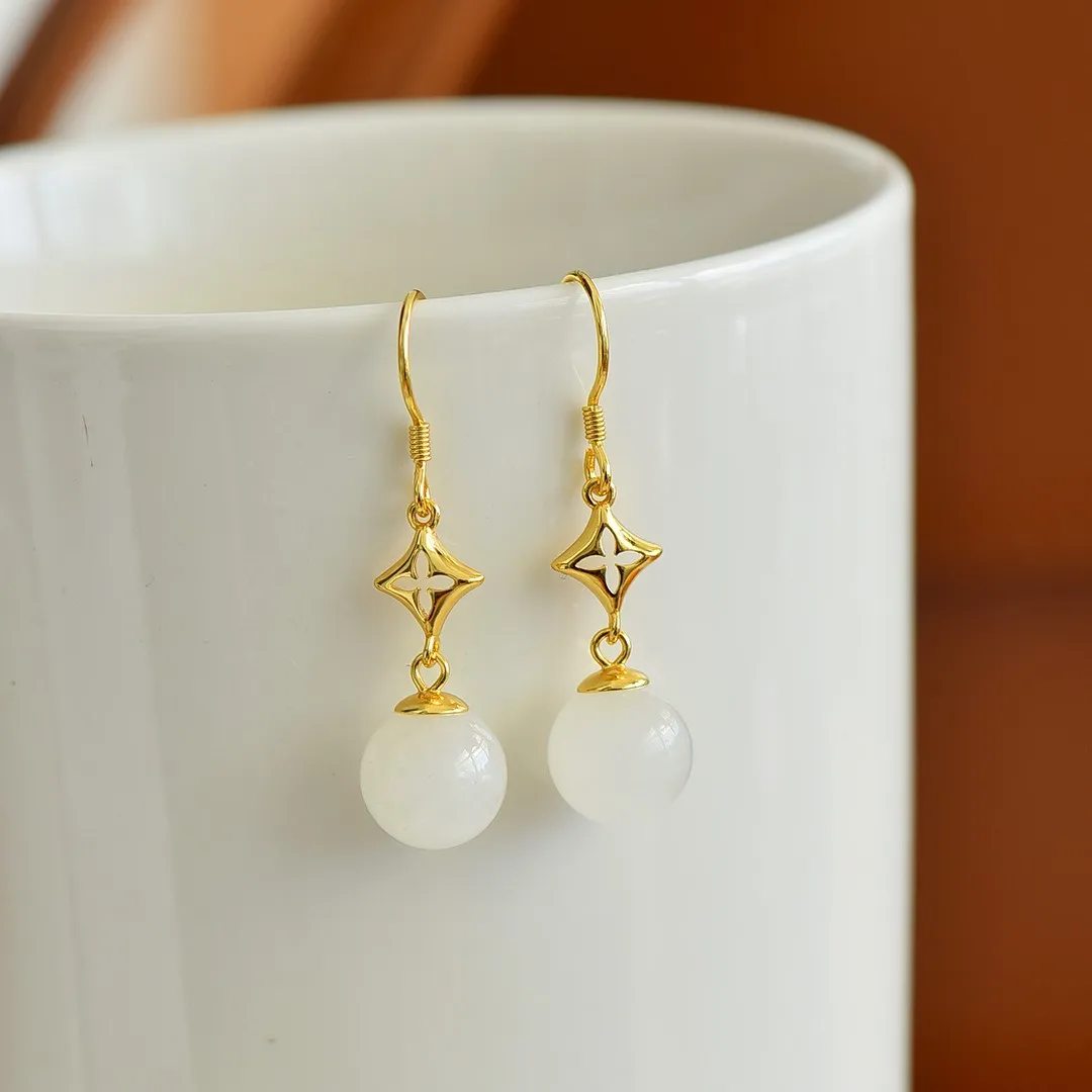 

Женские эмалированные круглые серьги-Ципао 2308-2 # из чистого серебра пробы с белым нефритом