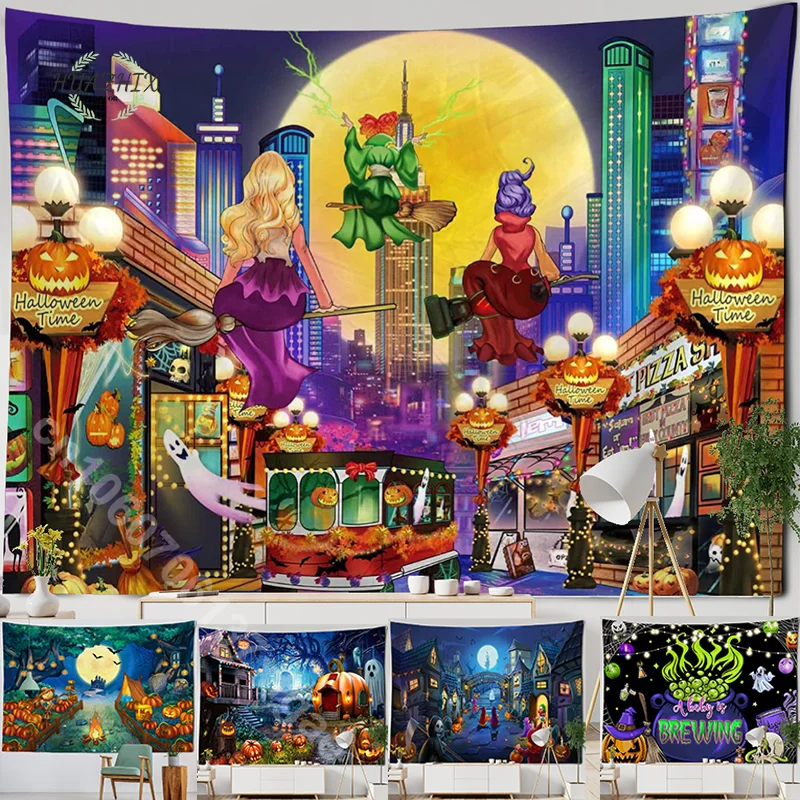 

Horror Spooky Tapestry Halloween Castle Pumpkin Kids Bedroom Living Room Bathroom Retro Fun Festivals Wall Tapestrirs Decor