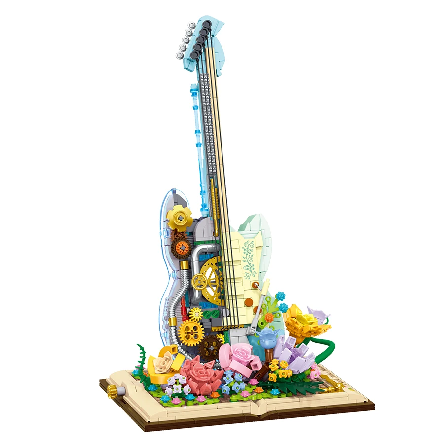 Cool Electric Guitar With Lights Small Particle Building Blocks Flowers Bricks Musical Instrument Assembly Toy For Kids Gifts