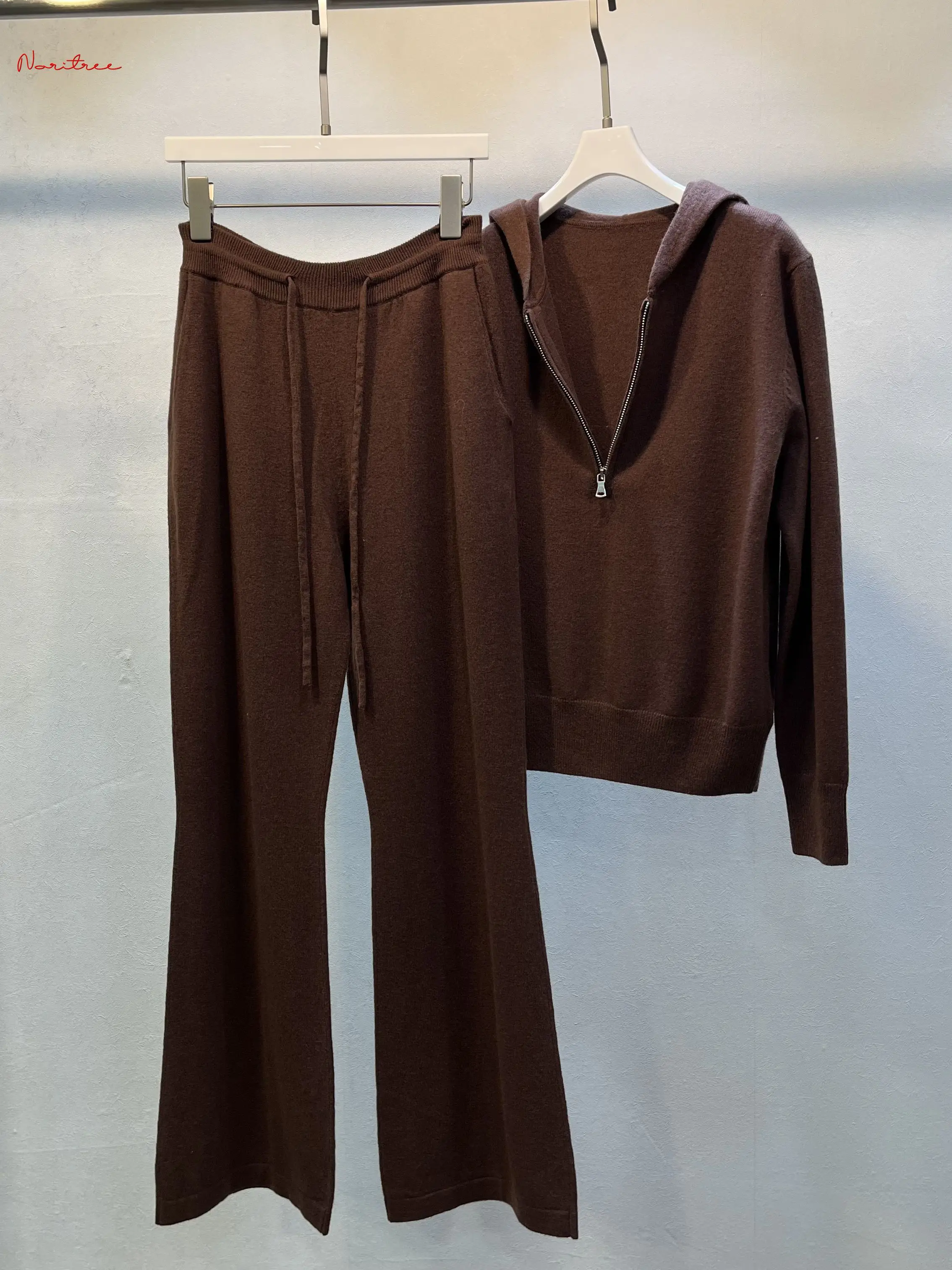 Luxury Two Pieces 100% Cashmere Sets Wool Suits Female Hooded Warm Mink Cashmere Knit Tops +  Wide Leg Wool Pant Sets WY1689 3