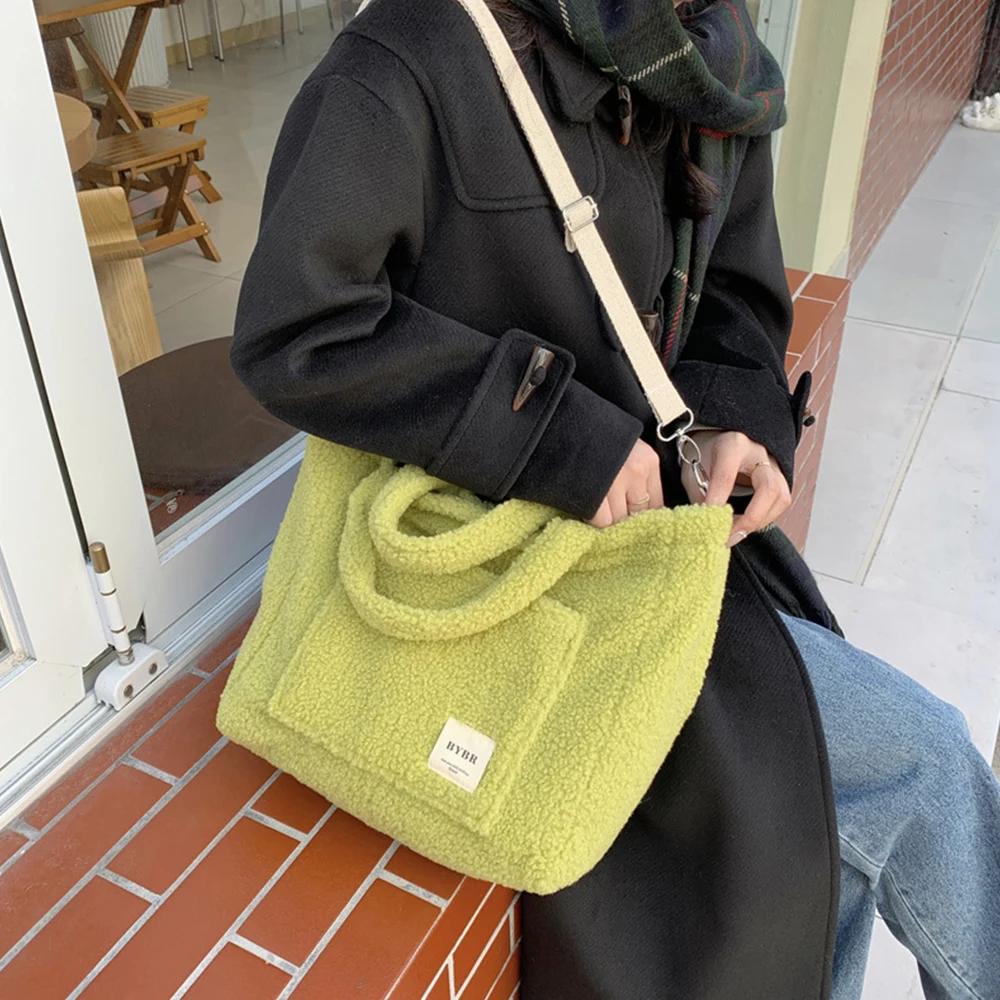 

Ins Women Winter Handbag Lamb Wool Warm Soft Shoulder Bag Autumn Square Cross-body Bags Portable Casual Tote Bag for Girls